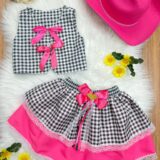 Conjunto Junino Infantil Colete e Saia Xadrez Pink