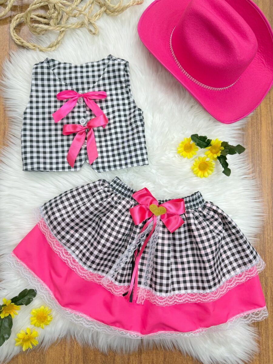 Conjunto Junino Infantil Colete e Saia Xadrez Pink
