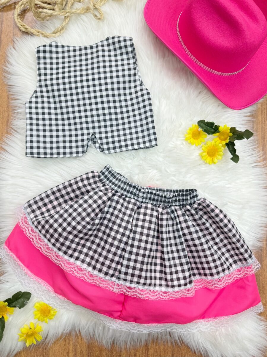 Conjunto Junino Infantil Colete e Saia Xadrez Pink