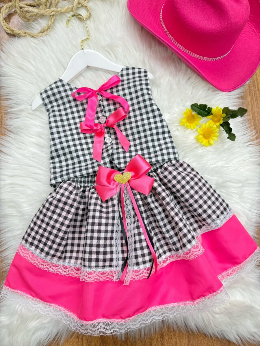 Conjunto Junino Infantil Colete e Saia Xadrez Pink