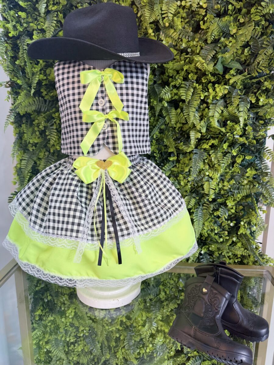 Conjunto Junino Infantil Colete e Saia Xadrez Verde