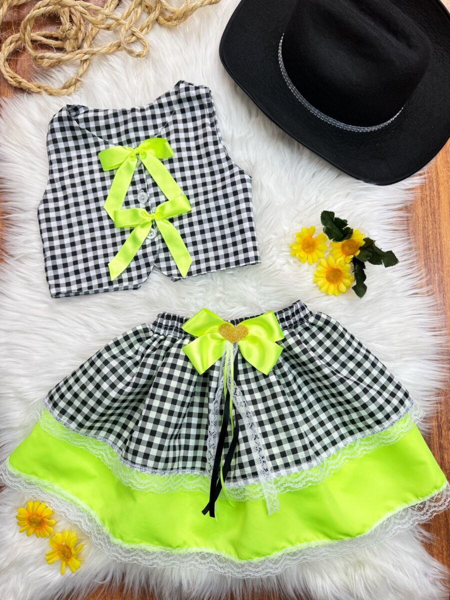Conjunto Junino Infantil Colete e Saia Xadrez Verde