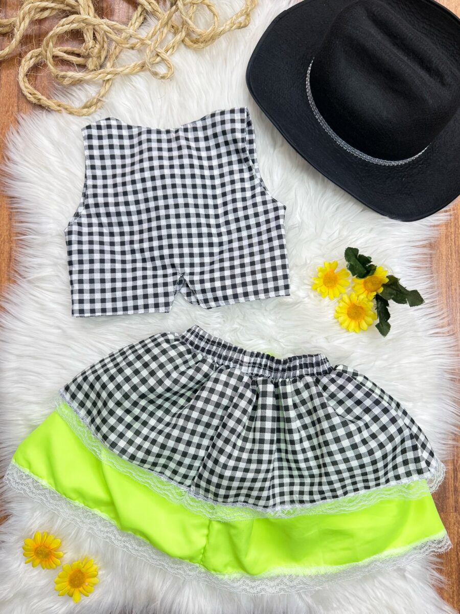 Conjunto Junino Infantil Colete e Saia Xadrez Verde