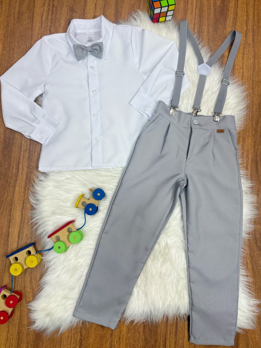 Conjunto Social Infantil Pajem Calça e Suspensório Cinza