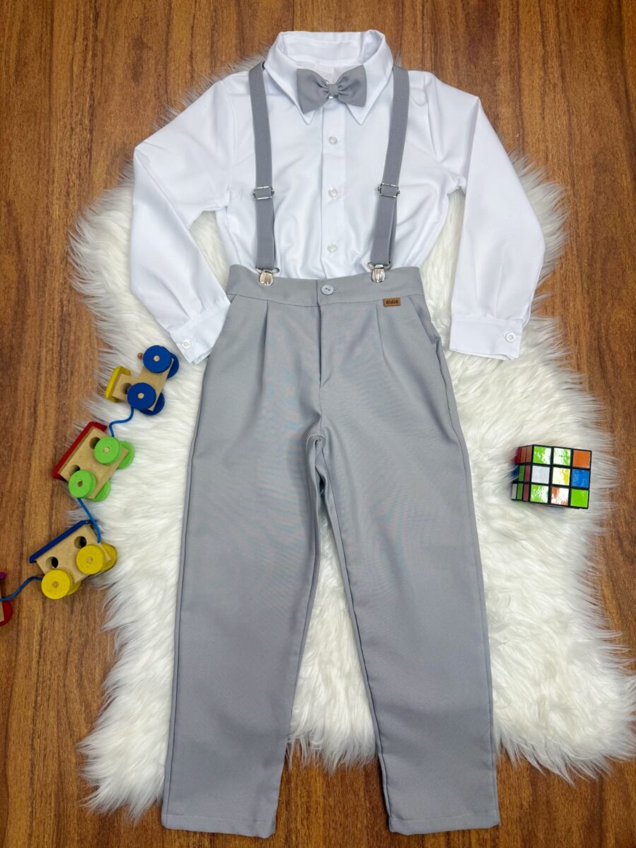Conjunto Social Infantil Pajem Calça e Suspensório Cinza