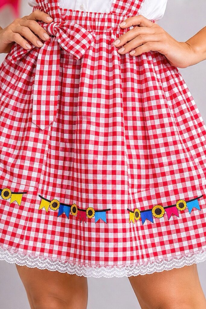 Salopete Junina Adulto Xadrez Vermelho com Renda