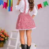 Salopete Junina Adulto Xadrez Vermelho com Renda