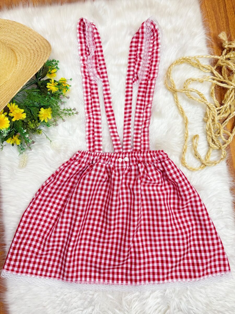 Salopete Junina Adulto Xadrez Vermelho com Renda