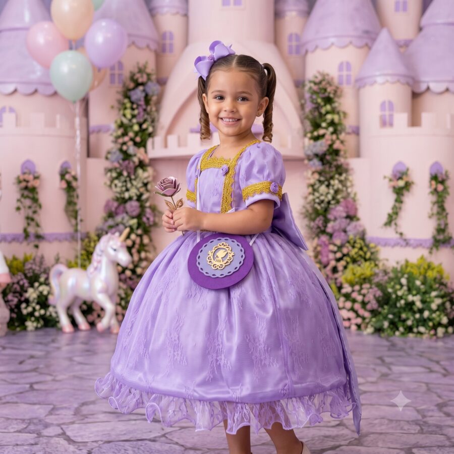 Vestido Infantil Belli Doce Realeza Lilás com Bolsa
