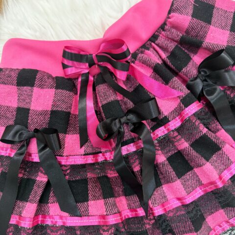 Saia Junina Infantil Flanela Xadrez Pink com Babados