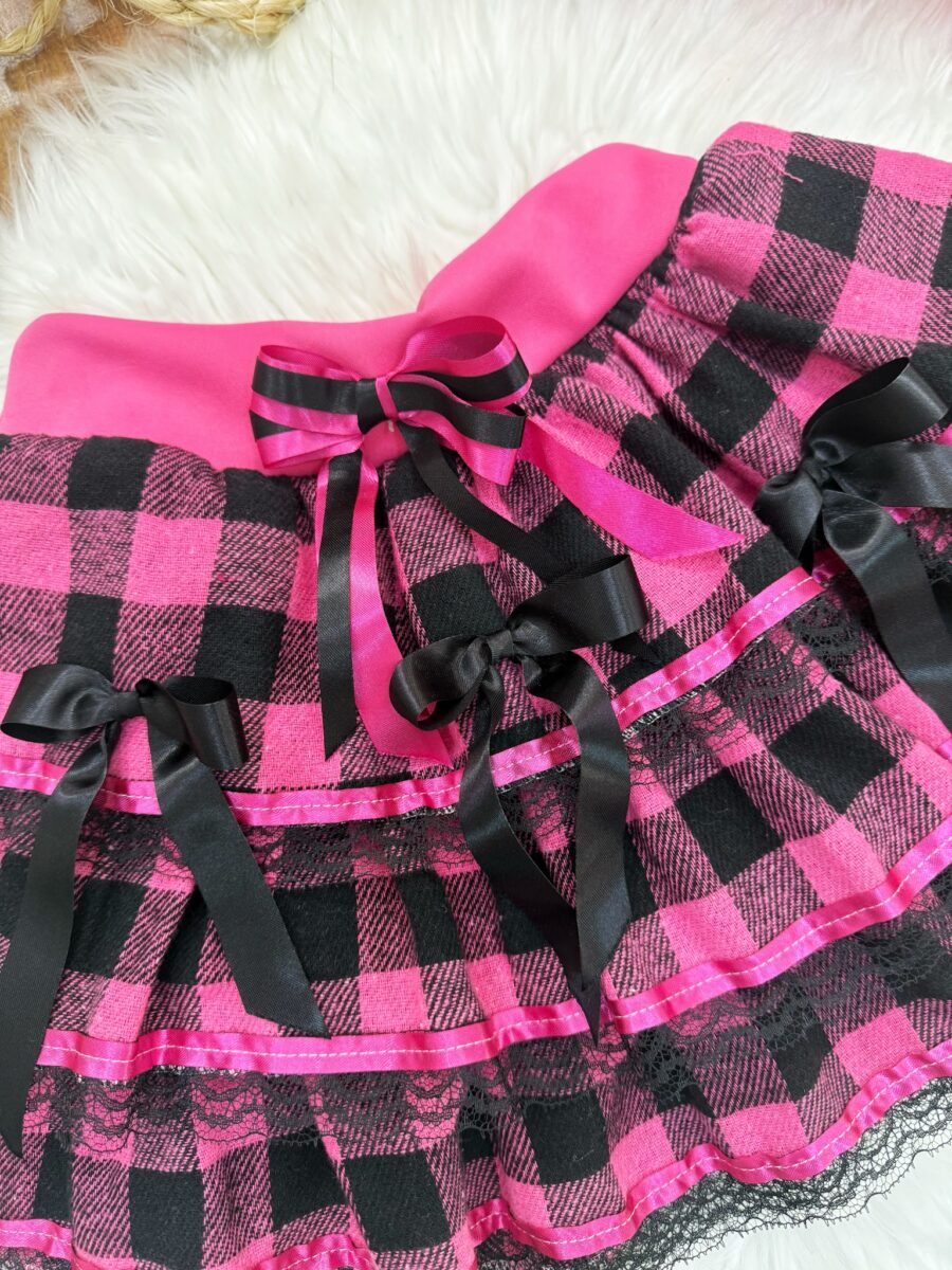 Saia Junina Infantil Flanela Xadrez Pink com Babados