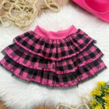 Saia Junina Infantil Flanela Xadrez Pink com Babados