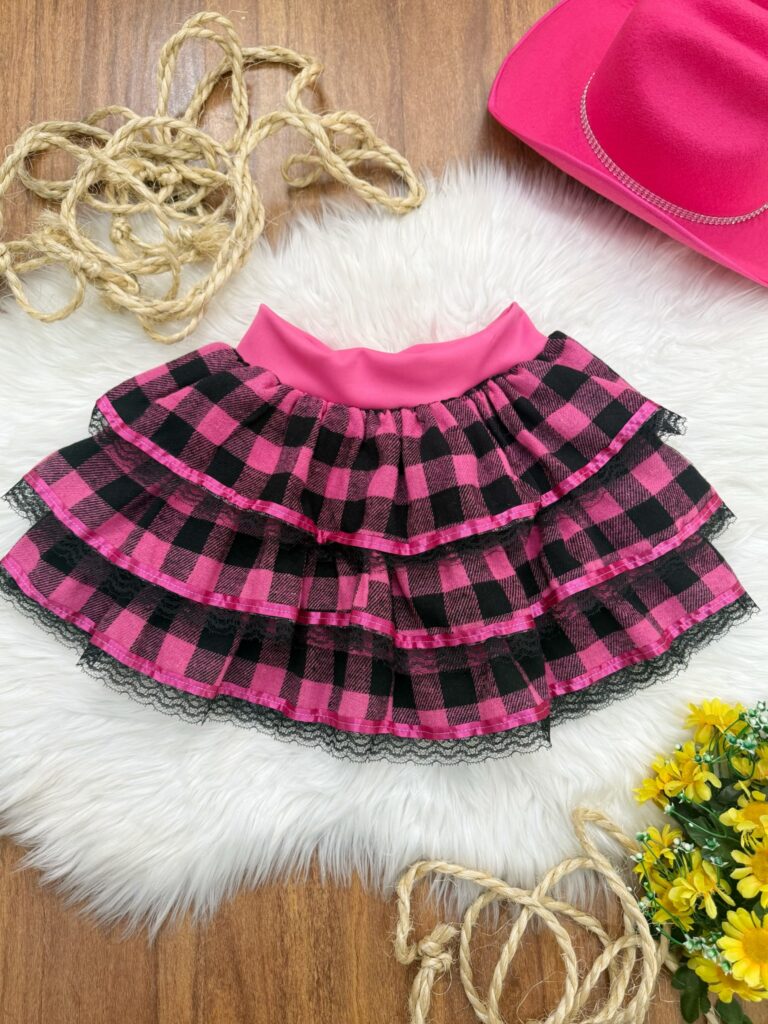 Saia Junina Infantil Flanela Xadrez Pink com Babados