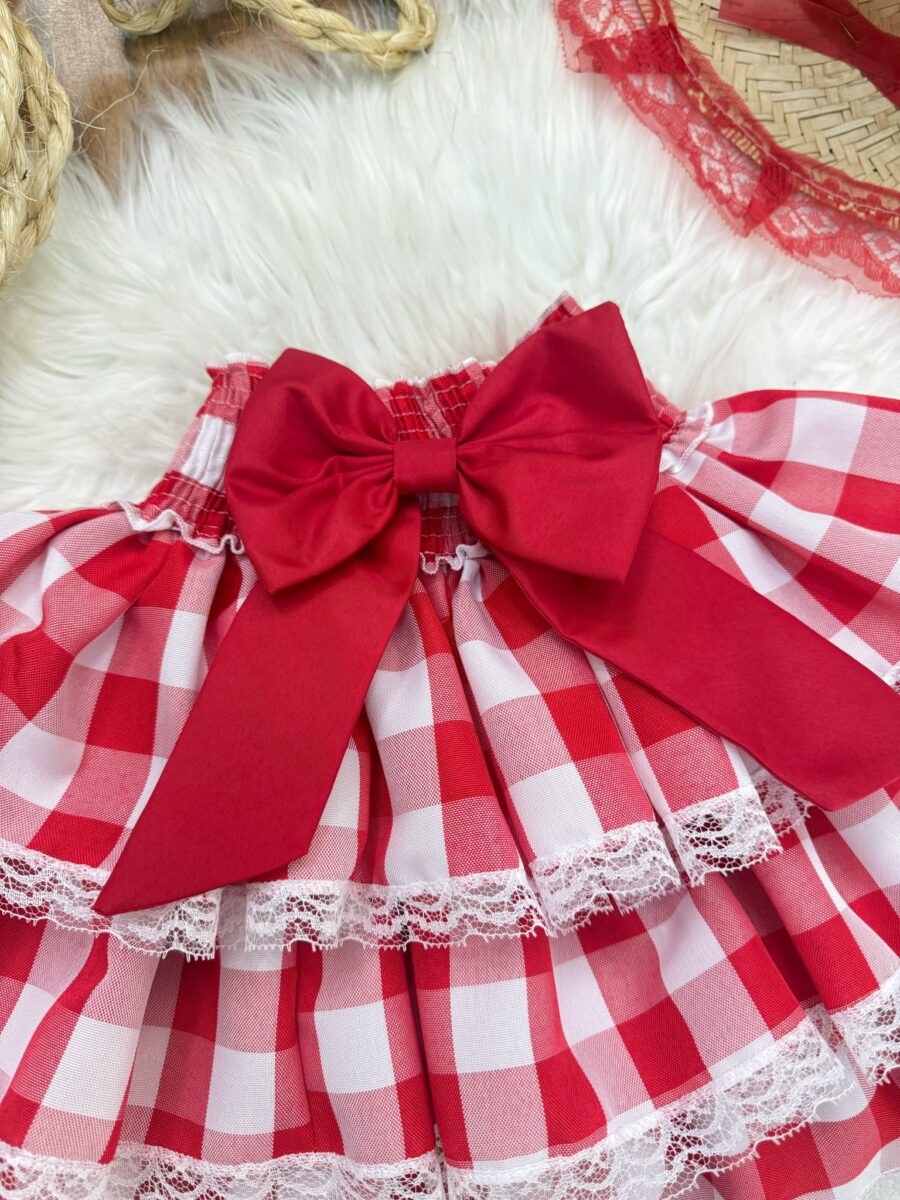 Saia Junina Infantil Arraiá Xadrez Vichy 3 Babados Renda