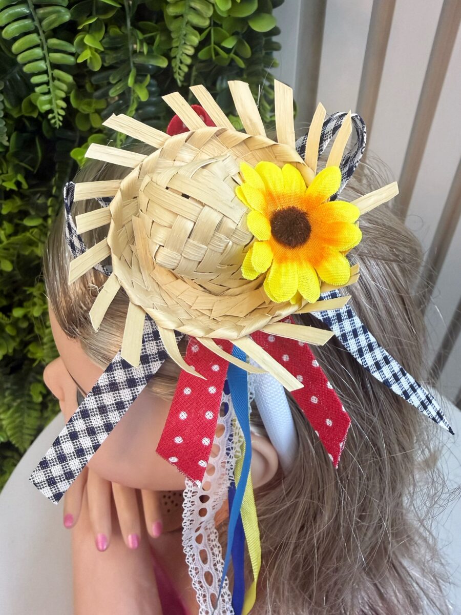 Tiara Junina Infantil Branca Chapéu de Palha e Girassol