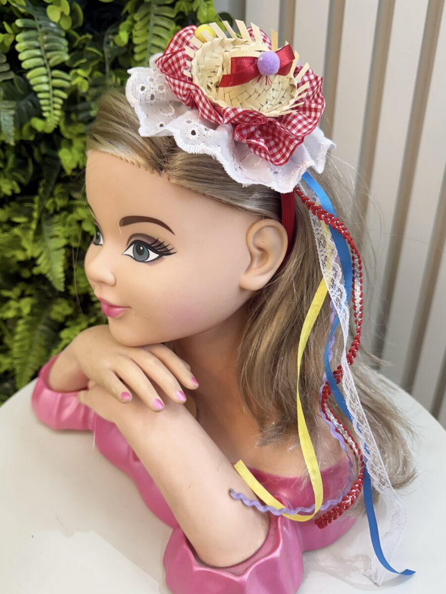 Tiara Junina Infantil Vermelha Chapéu de Palha e Girassol