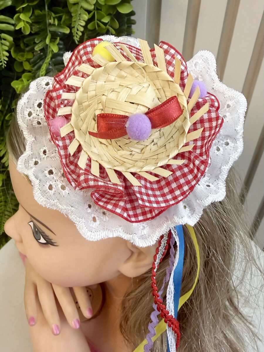 Tiara Junina Infantil Vermelha Chapéu de Palha e Girassol
