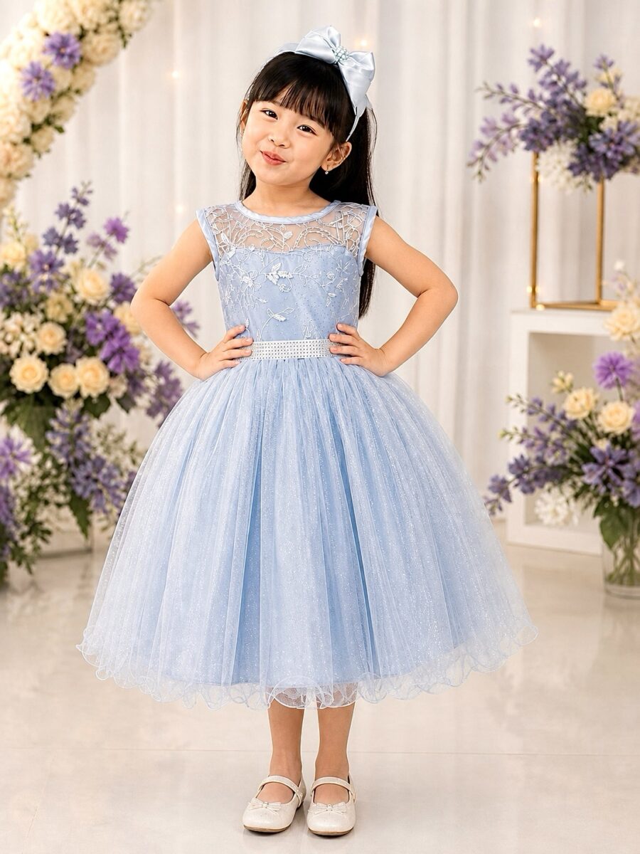Vestido Infantil Azul com Renda e Tule de Brilho