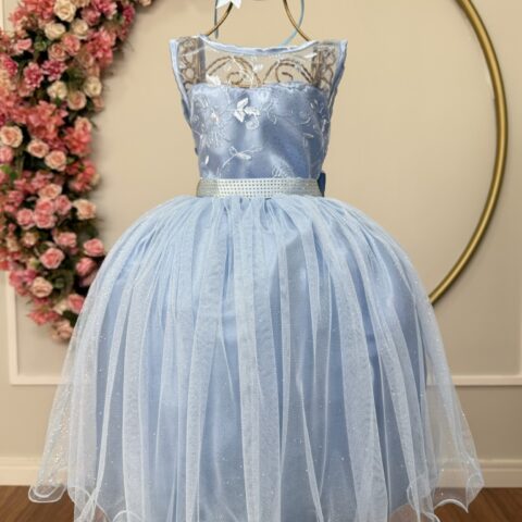 Vestido Infantil Azul com Renda e Tule de Brilho