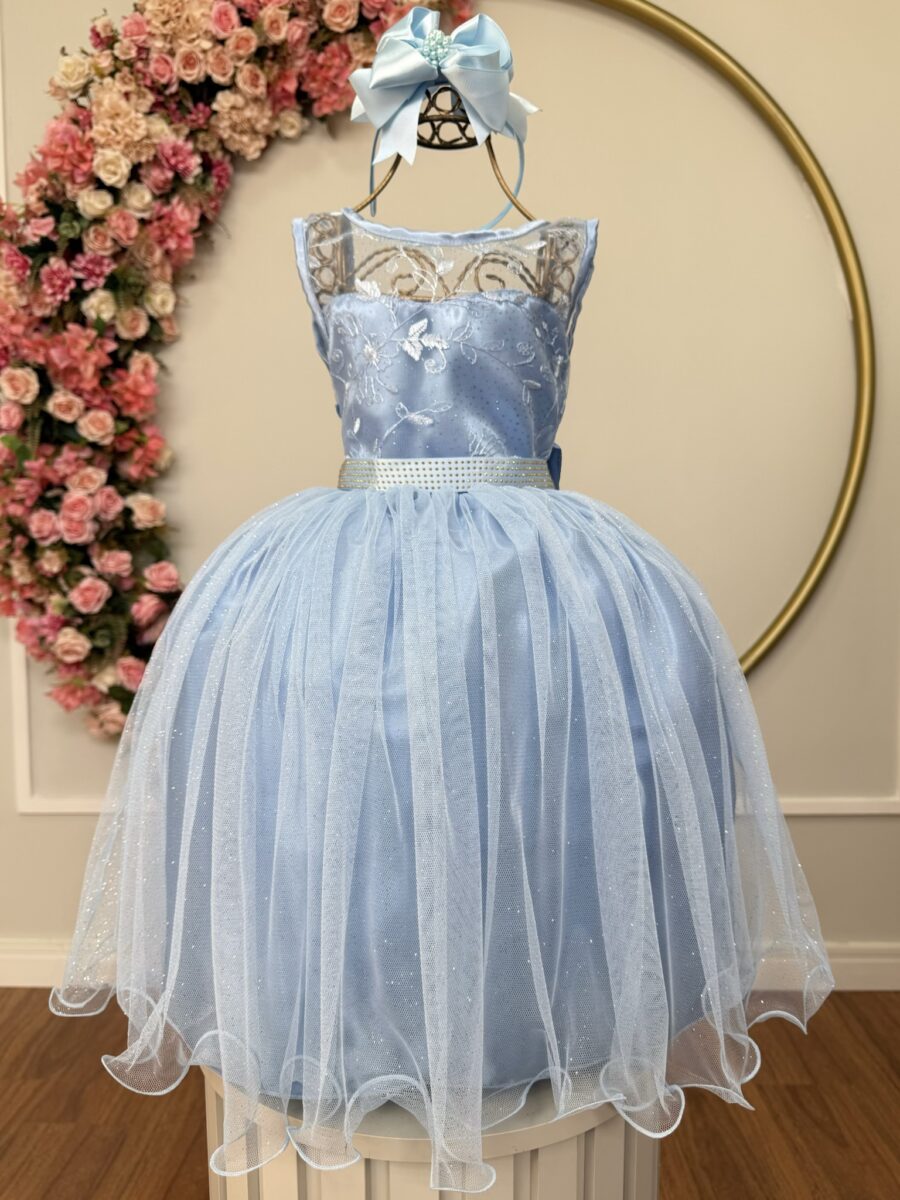 Vestido Infantil Azul com Renda e Tule de Brilho