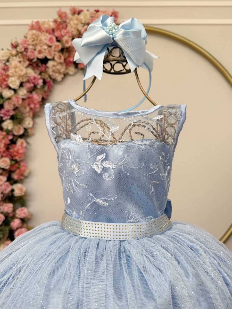 Vestido Infantil Azul com Renda e Tule de Brilho