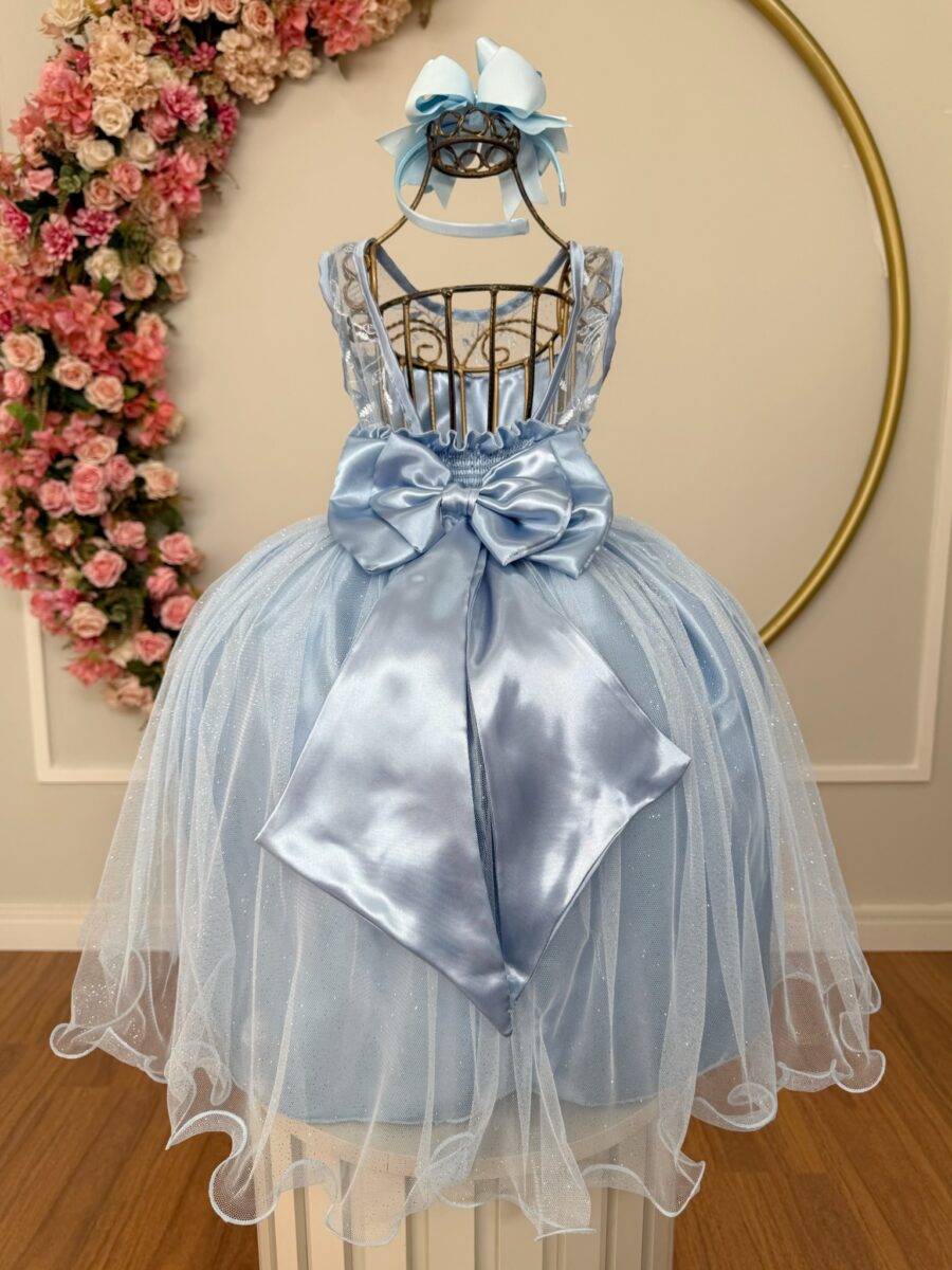 Vestido Infantil Azul com Renda e Tule de Brilho