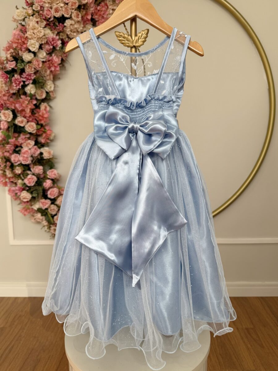 Vestido Infantil Azul com Renda e Tule de Brilho