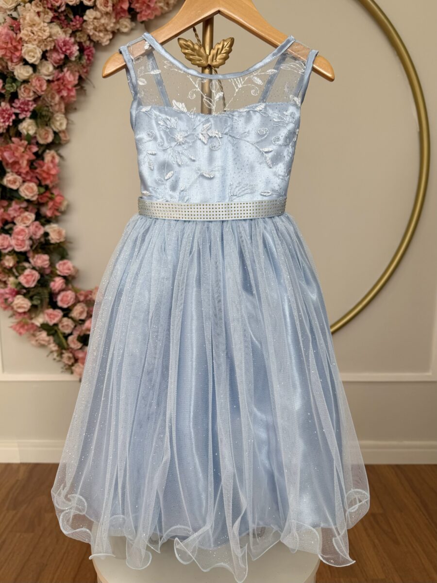 Vestido Infantil Azul com Renda e Tule de Brilho