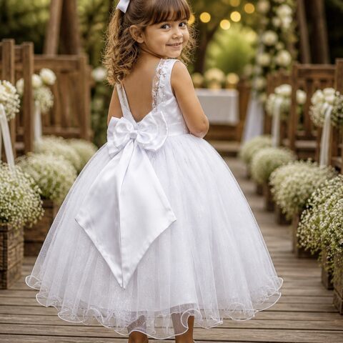 Vestido Infantil Branco Renda Metalizada e Tule Glitter