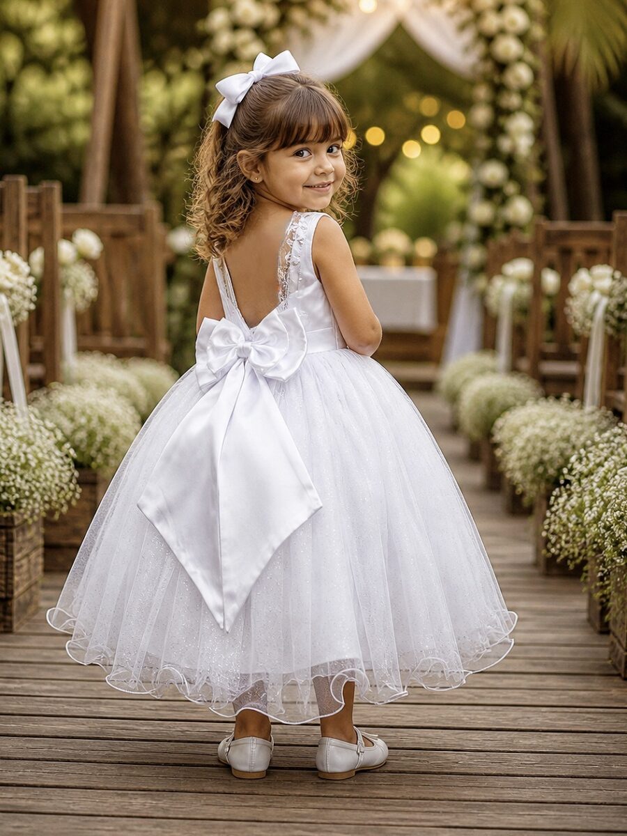 Vestido Infantil Branco Renda Metalizada e Tule Glitter