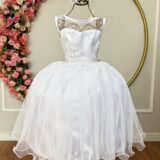 Vestido Infantil Branco Renda Metalizada e Tule Glitter
