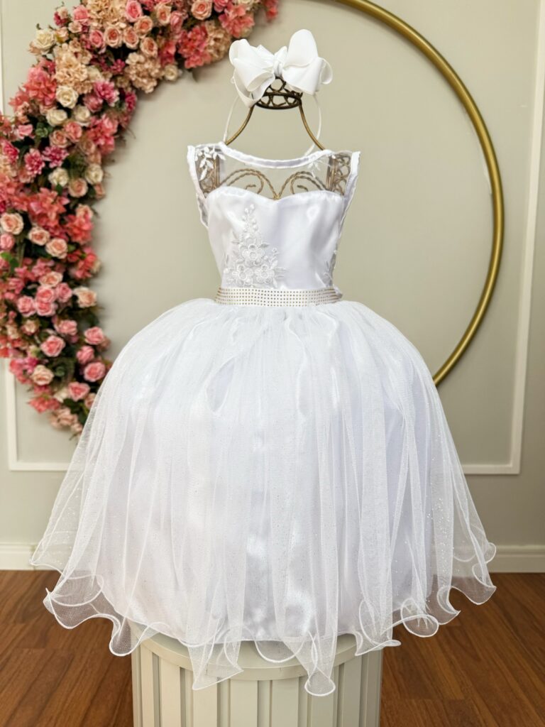 Vestido Infantil Branco Renda Metalizada e Tule Glitter