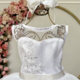 Vestido Infantil Branco Renda Metalizada e Tule Glitter