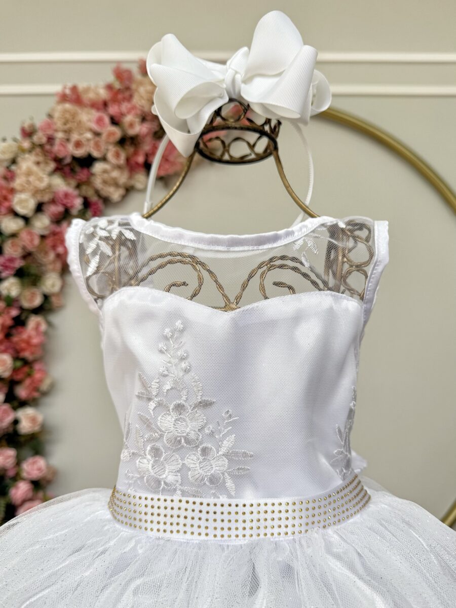 Vestido Infantil Branco Renda Metalizada e Tule Glitter