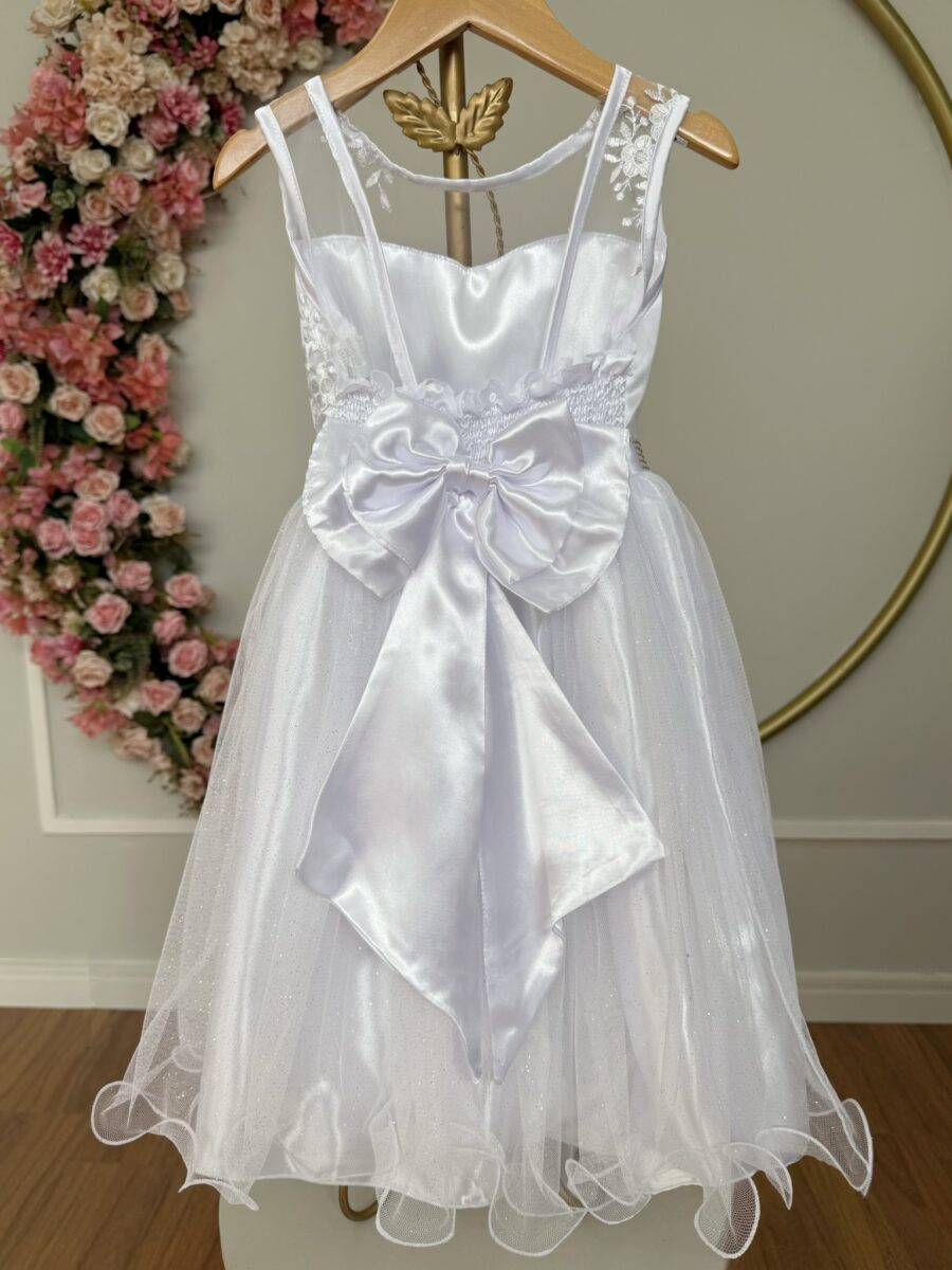 Vestido Infantil Branco Renda Metalizada e Tule Glitter
