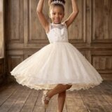 Vestido Infantil Festa Off White Cetim Tule Brilho e Renda