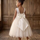Vestido Infantil Festa Off White Cetim Tule Brilho e Renda