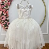 Vestido Infantil Festa Off White Cetim Tule Brilho e Renda