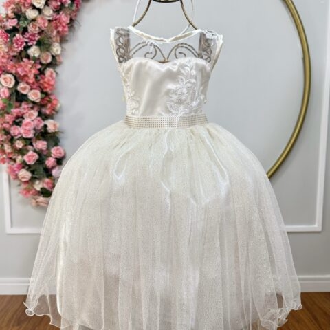 Vestido Infantil Festa Off White Cetim Tule Brilho e Renda