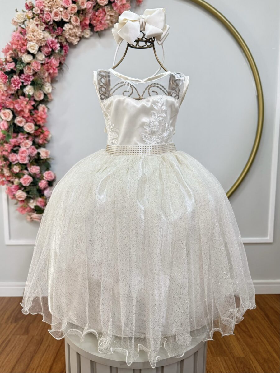 Vestido Infantil Festa Off White Cetim Tule Brilho e Renda
