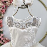 Vestido Infantil Festa Off White Cetim Tule Brilho e Renda