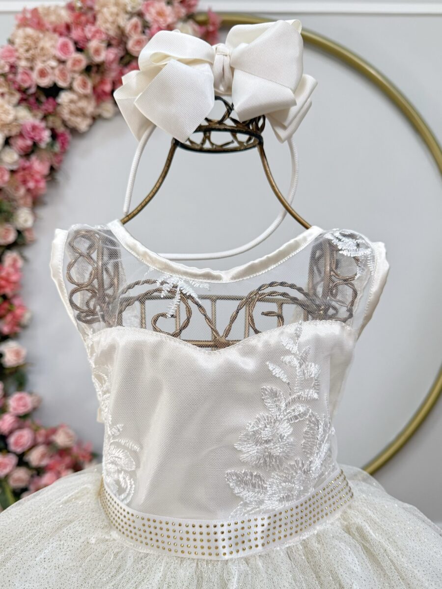 Vestido Infantil Festa Off White Cetim Tule Brilho e Renda