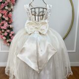 Vestido Infantil Festa Off White Cetim Tule Brilho e Renda