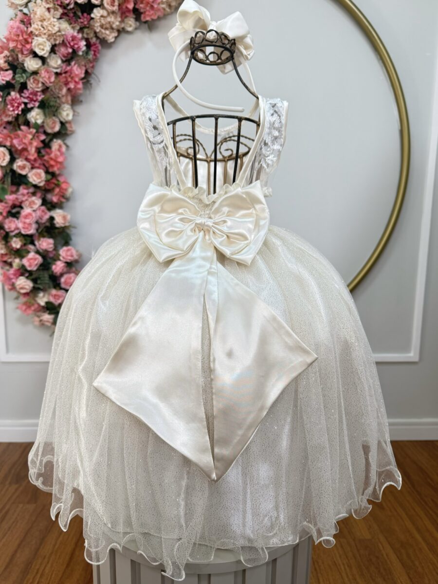Vestido Infantil Festa Off White Cetim Tule Brilho e Renda