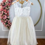 Vestido Infantil Festa Off White Cetim Tule Brilho e Renda