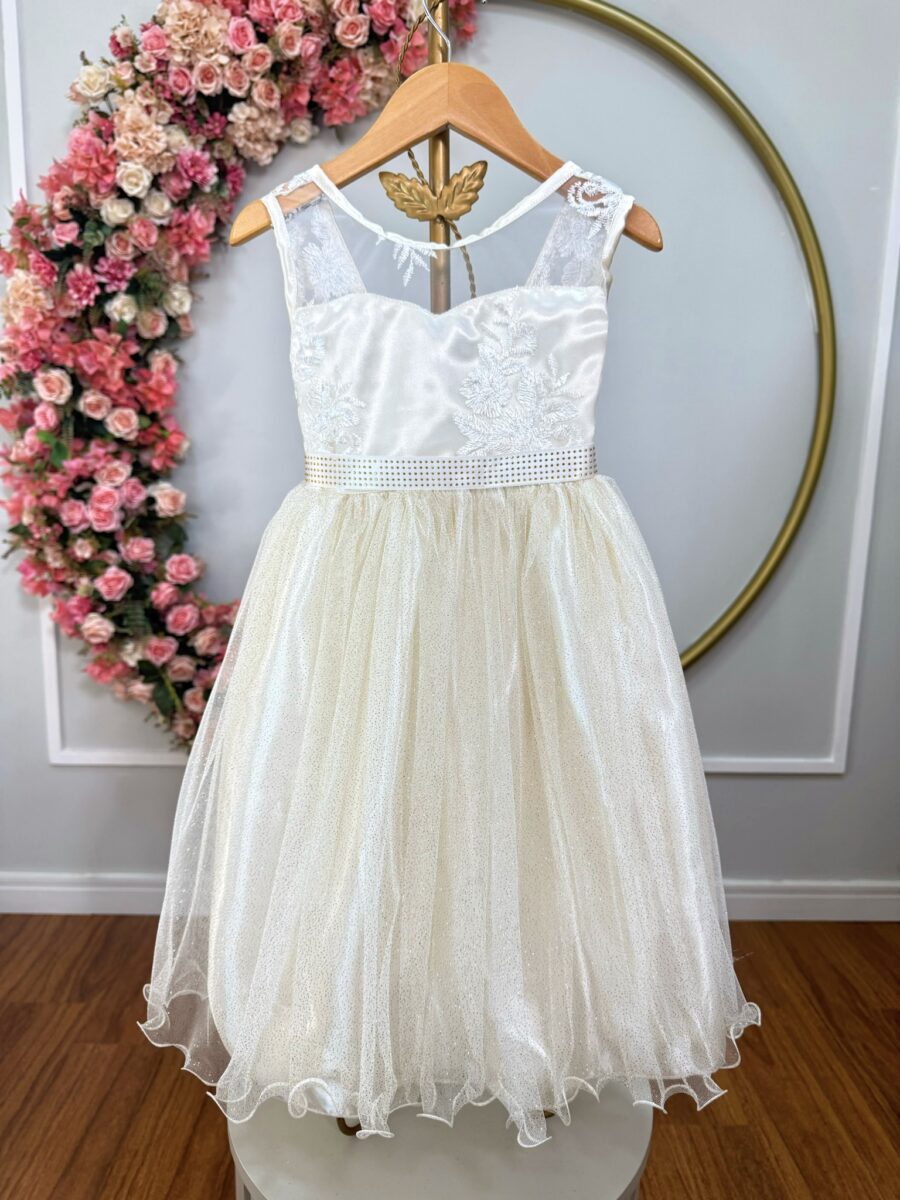 Vestido Infantil Festa Off White Cetim Tule Brilho e Renda