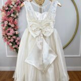 Vestido Infantil Festa Off White Cetim Tule Brilho e Renda