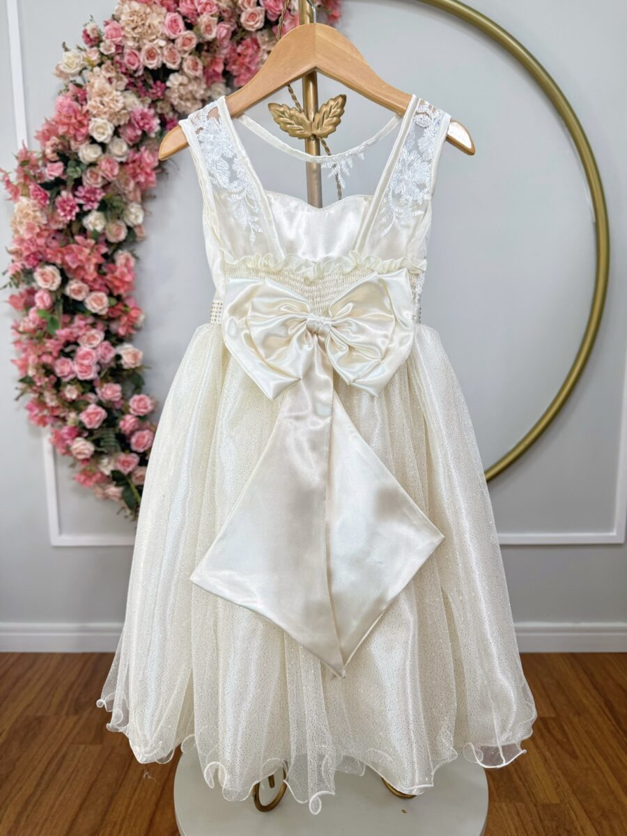 Vestido Infantil Festa Off White Cetim Tule Brilho e Renda