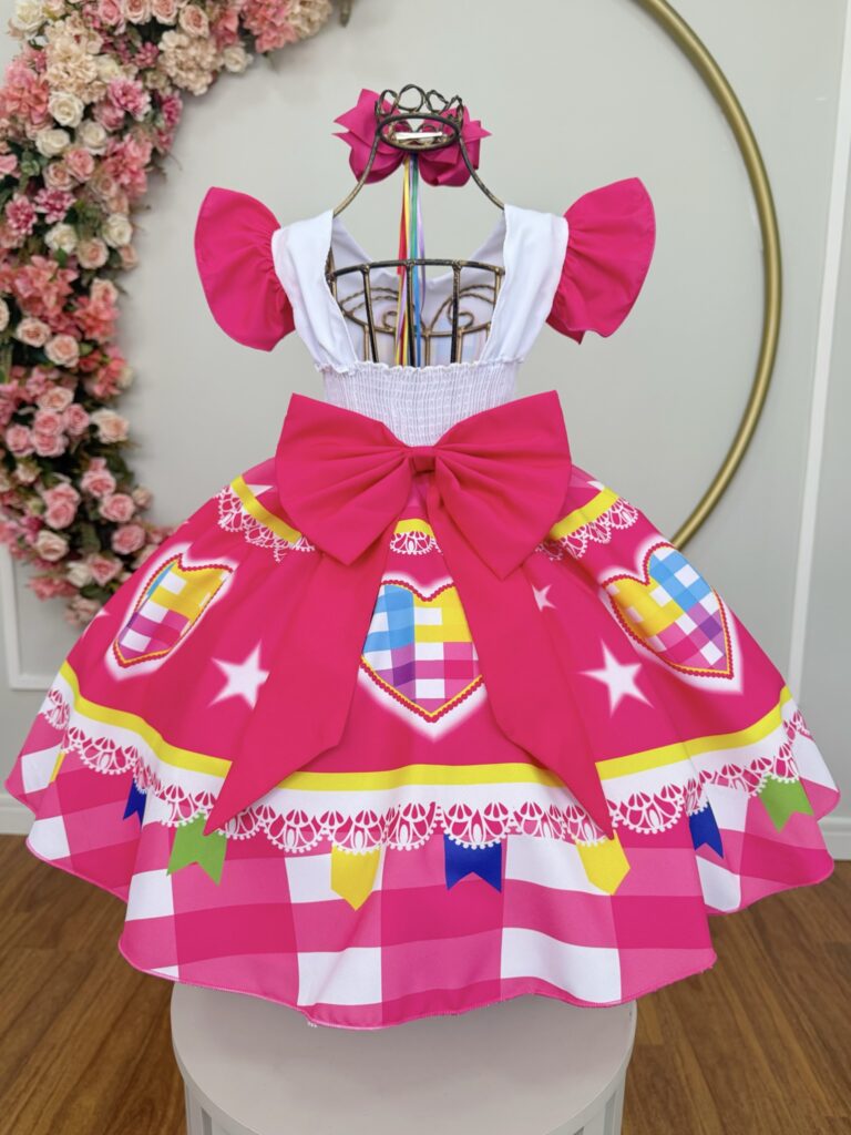 Vestido Junino Infantil Arraiá Pink Coração Colorido