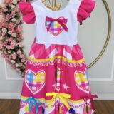 Vestido Junino Infantil Arraiá Pink Coração Colorido